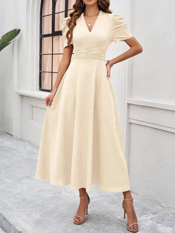 Womens A-Line Midi Dress with V-Neck and Puff Sleeves