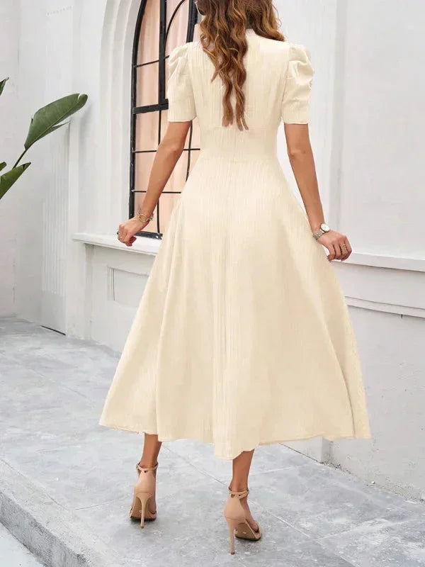 Womens A-Line Midi Dress with V-Neck and Puff Sleeves