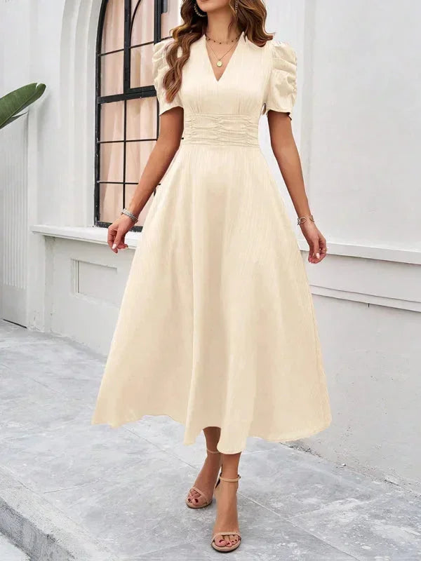 Womens A-Line Midi Dress with V-Neck and Puff Sleeves