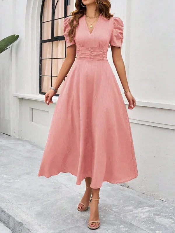 Womens A-Line Midi Dress with V-Neck and Puff Sleeves