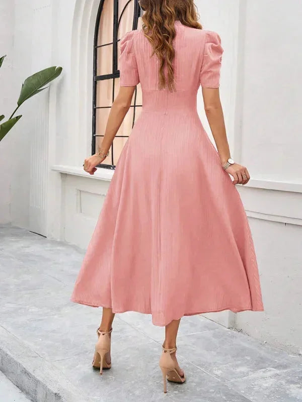 Womens A-Line Midi Dress with V-Neck and Puff Sleeves