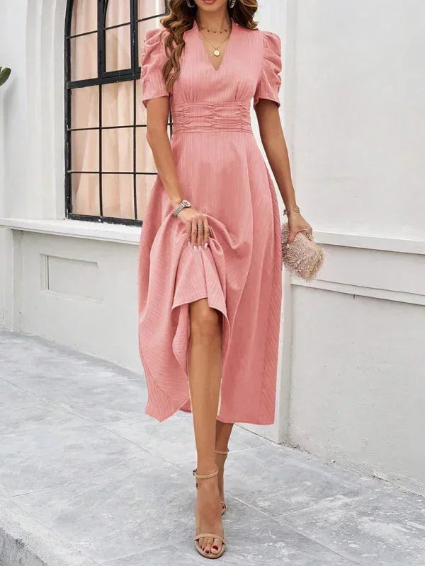 Womens A-Line Midi Dress with V-Neck and Puff Sleeves