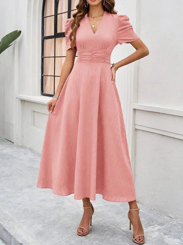 Womens A-Line Midi Dress with V-Neck and Puff Sleeves