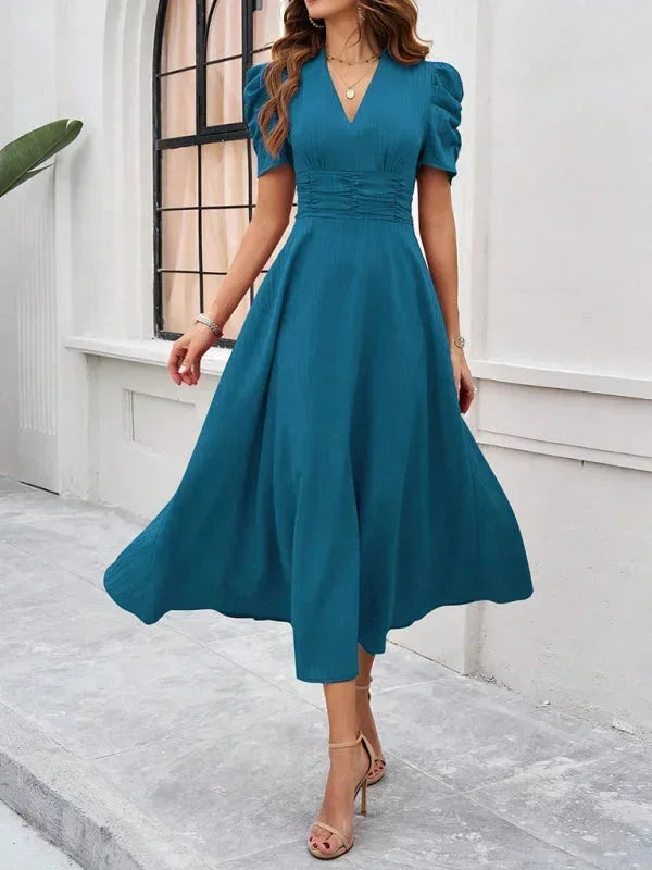Womens A-Line Midi Dress with V-Neck and Puff Sleeves