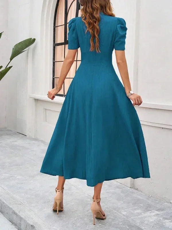 Womens A-Line Midi Dress with V-Neck and Puff Sleeves