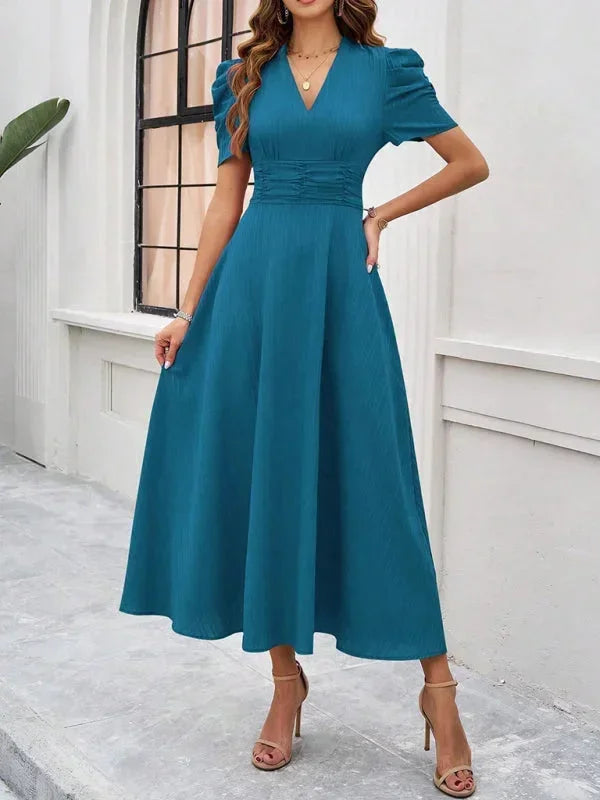 Womens A-Line Midi Dress with V-Neck and Puff Sleeves
