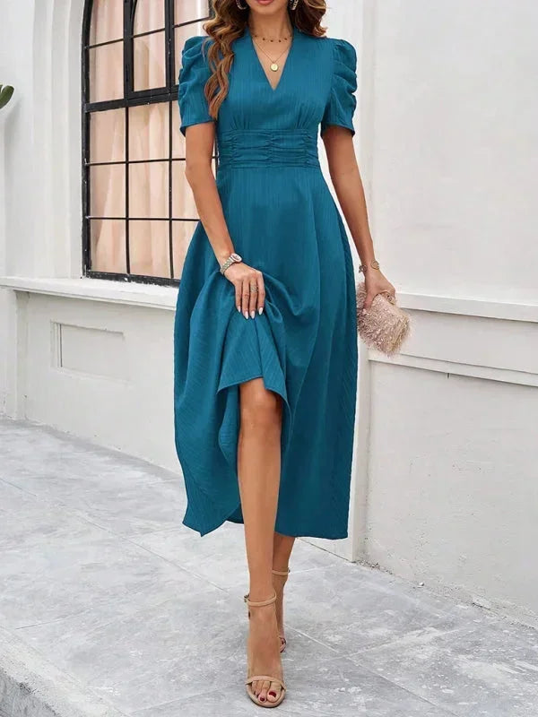 Womens A-Line Midi Dress with V-Neck and Puff Sleeves