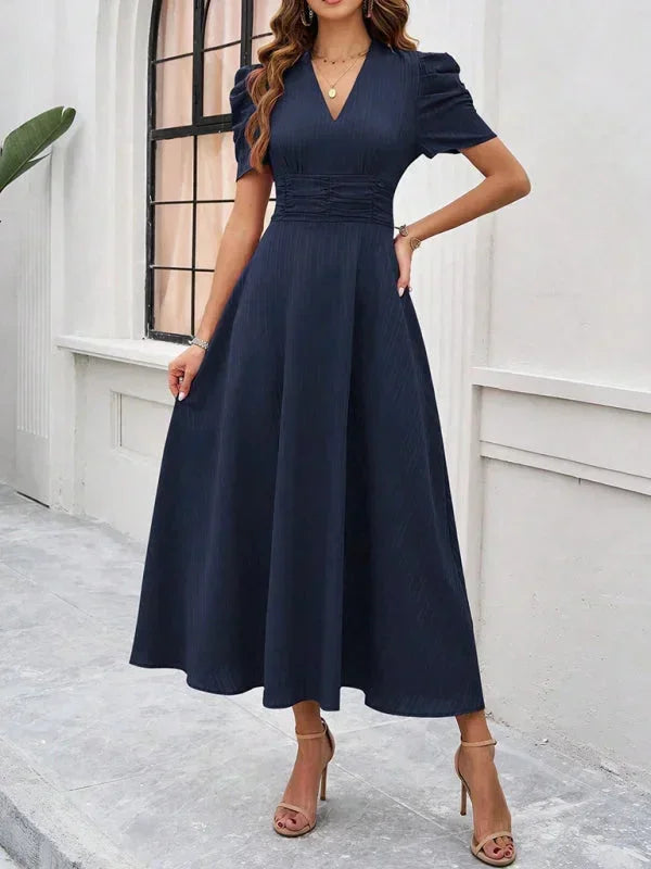 Womens A-Line Midi Dress with V-Neck and Puff Sleeves