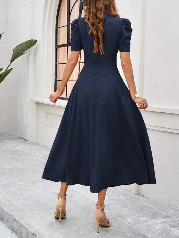 Womens A-Line Midi Dress with V-Neck and Puff Sleeves