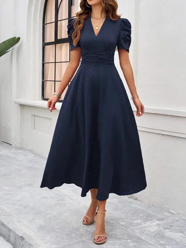Womens A-Line Midi Dress with V-Neck and Puff Sleeves