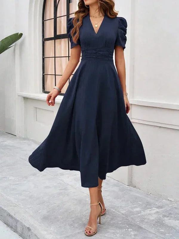 Womens A-Line Midi Dress with V-Neck and Puff Sleeves
