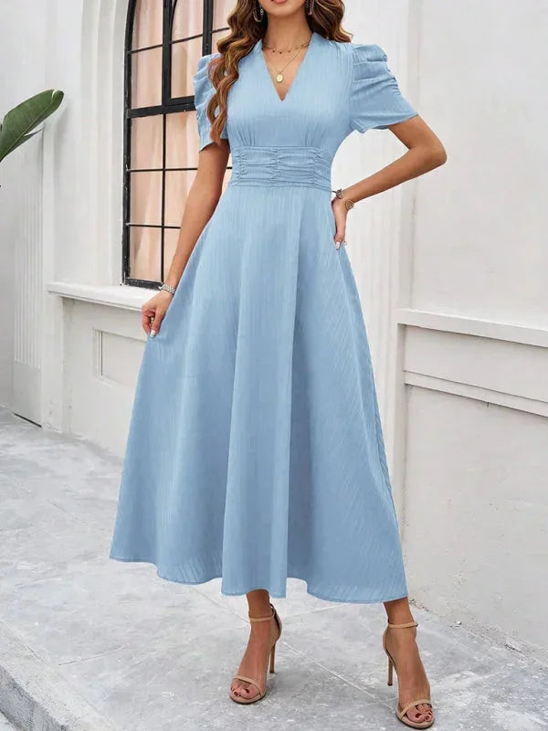 Womens A-Line Midi Dress with V-Neck and Puff Sleeves