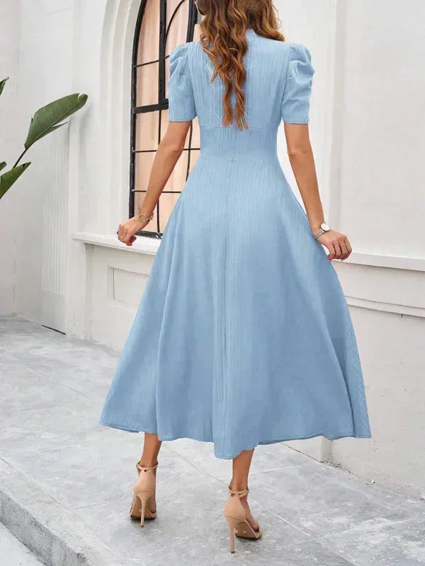 Womens A-Line Midi Dress with V-Neck and Puff Sleeves