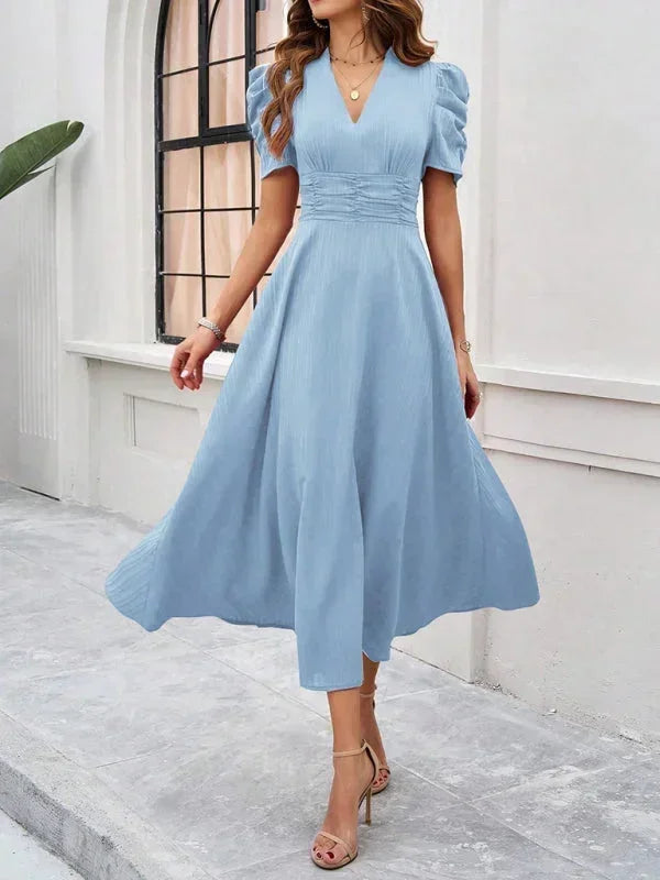 Womens A-Line Midi Dress with V-Neck and Puff Sleeves