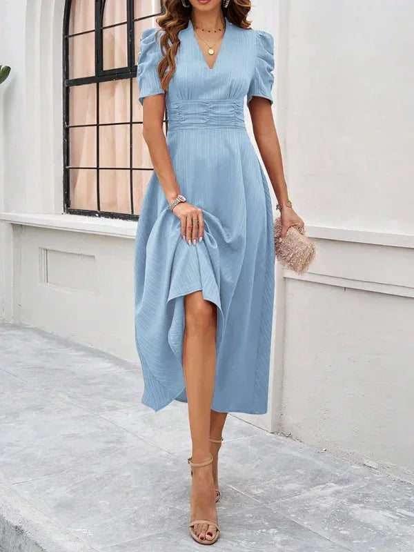 Womens A-Line Midi Dress with V-Neck and Puff Sleeves