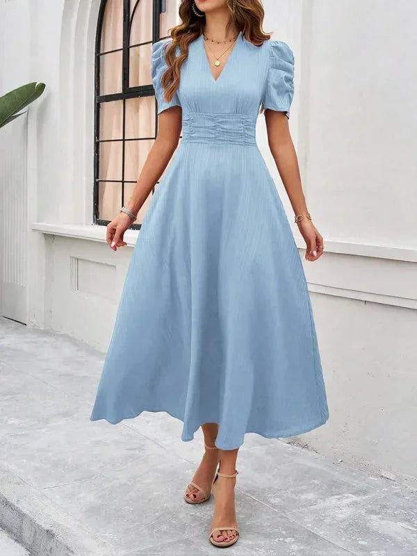 Womens A-Line Midi Dress with V-Neck and Puff Sleeves