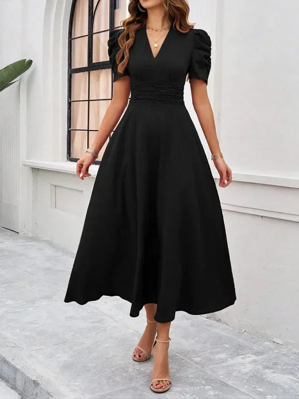 Womens A-Line Midi Dress with V-Neck and Puff Sleeves