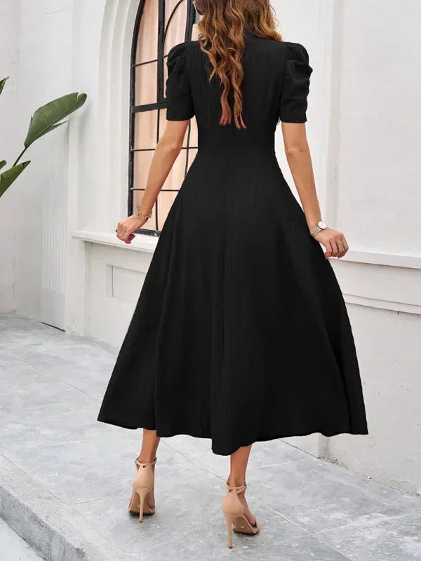 Womens A-Line Midi Dress with V-Neck and Puff Sleeves