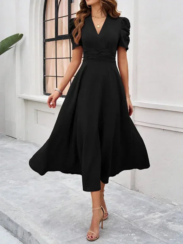 Womens A-Line Midi Dress with V-Neck and Puff Sleeves