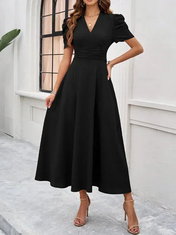 Womens A-Line Midi Dress with V-Neck and Puff Sleeves