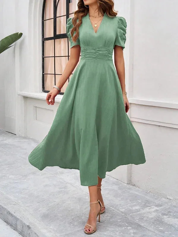 Womens A-Line Midi Dress with V-Neck and Puff Sleeves