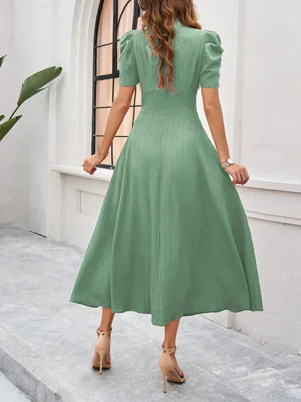 Womens A-Line Midi Dress with V-Neck and Puff Sleeves