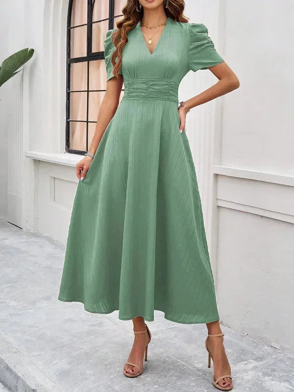 Womens A-Line Midi Dress with V-Neck and Puff Sleeves
