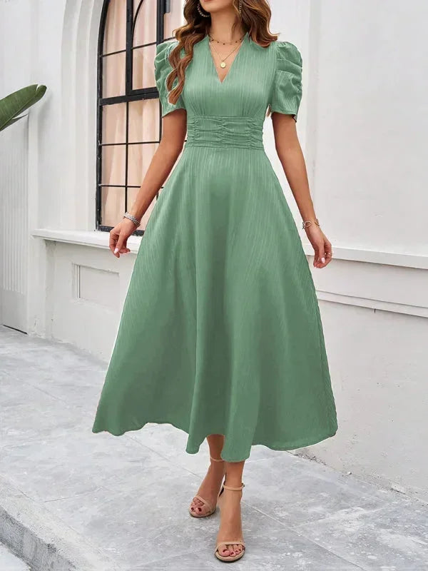 Womens A-Line Midi Dress with V-Neck and Puff Sleeves