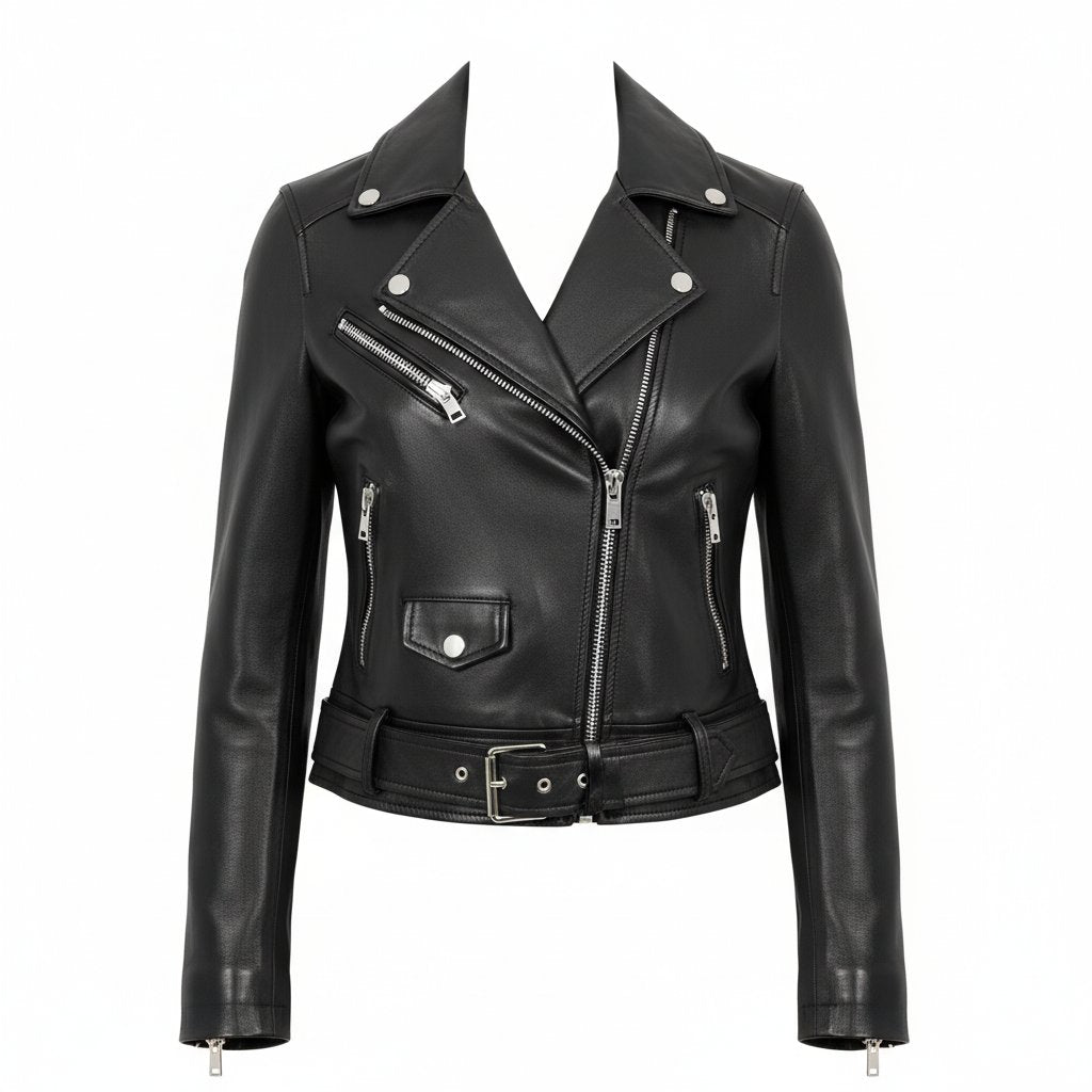 Womens Leather Moto Jacket Cropped Fit - BritishMode