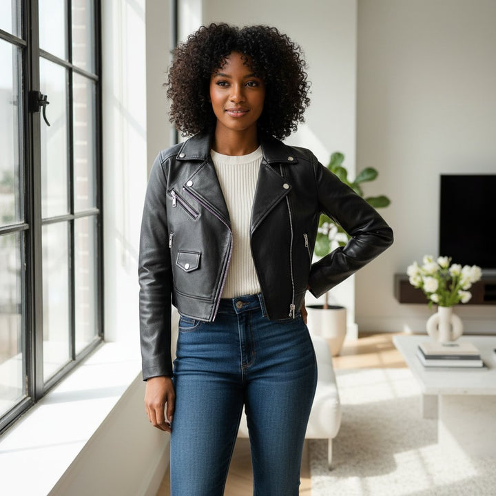 Womens Leather Moto Jacket Cropped Fit