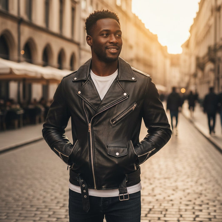 Mens Leather Biker Jacket Classic Fit