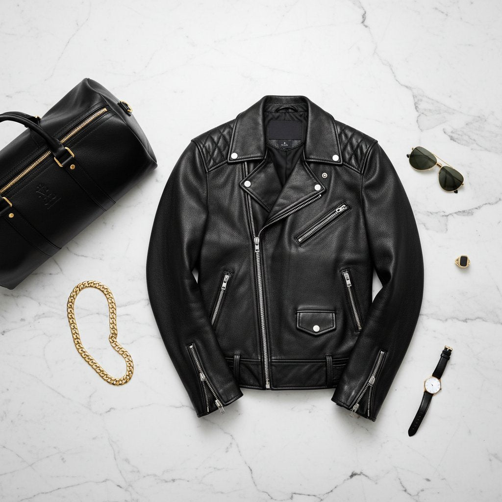 Mens Leather Biker Jacket Classic Fit