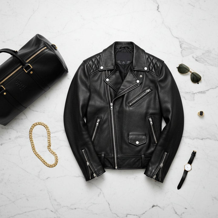 Mens Leather Biker Jacket Classic Fit