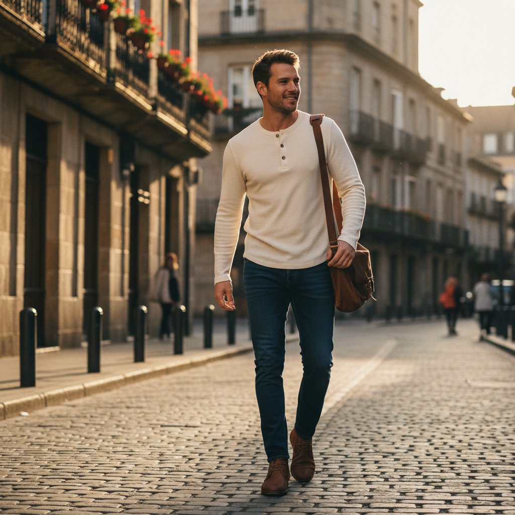 Mens Henley Shirt Cotton Long Sleeve