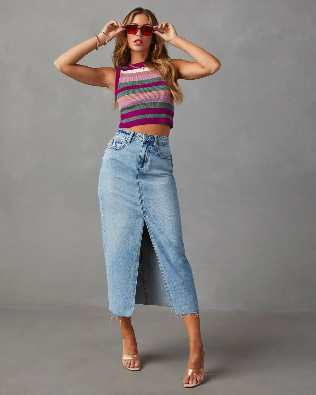 Womens High-Waisted Denim Skirt with Slit - BritishMode