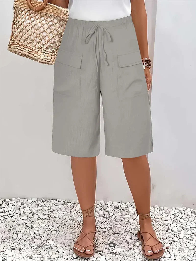Womens Wide Leg Culottes with Cargo Pockets and Drawstring Waist - BritishMode