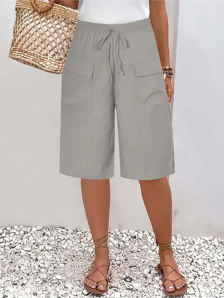 Womens Wide Leg Culottes with Cargo Pockets and Drawstring Waist - BritishMode