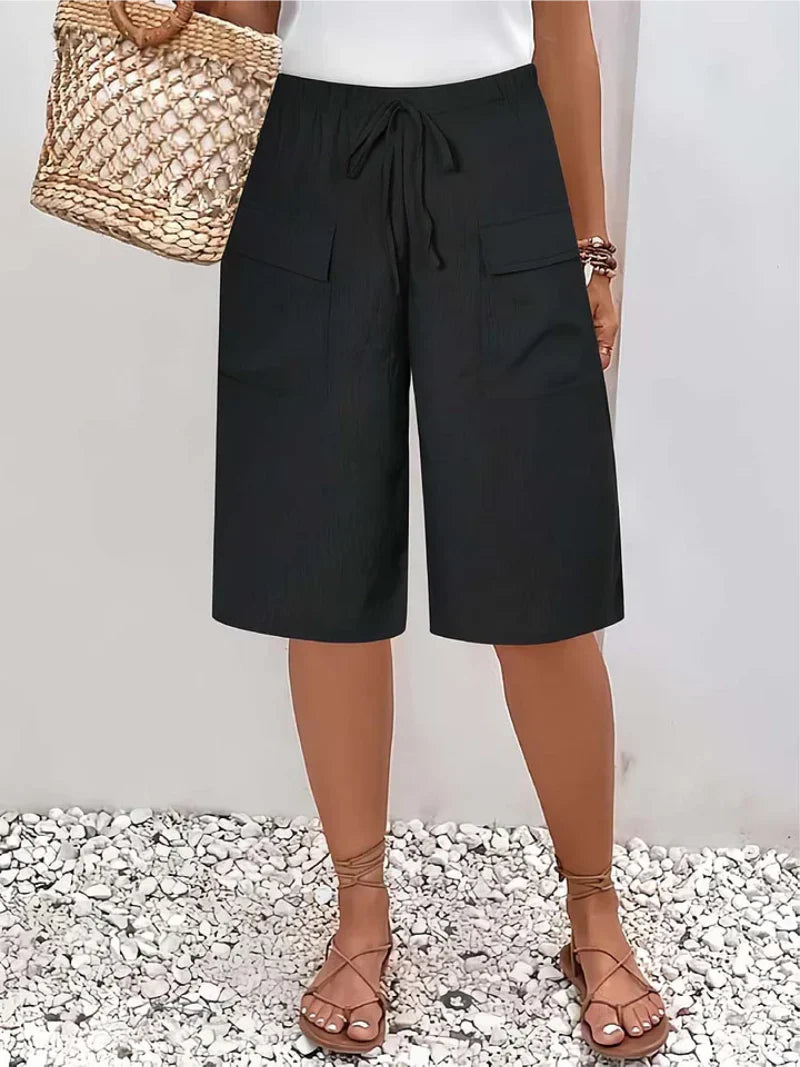Womens Wide Leg Culottes with Cargo Pockets and Drawstring Waist