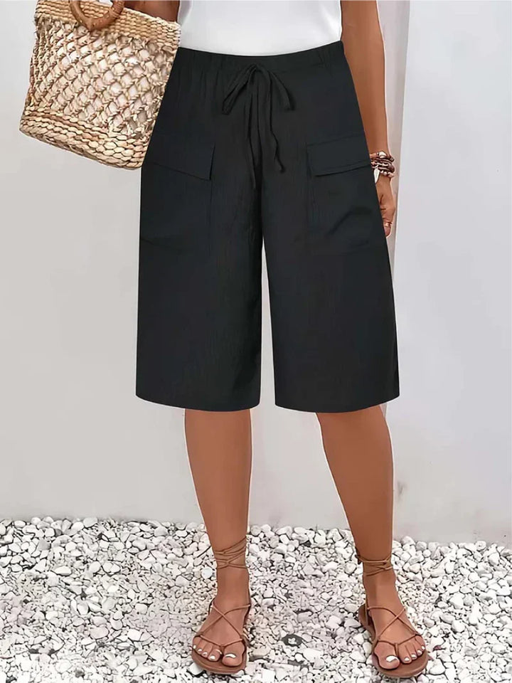 Womens Wide Leg Culottes with Cargo Pockets and Drawstring Waist