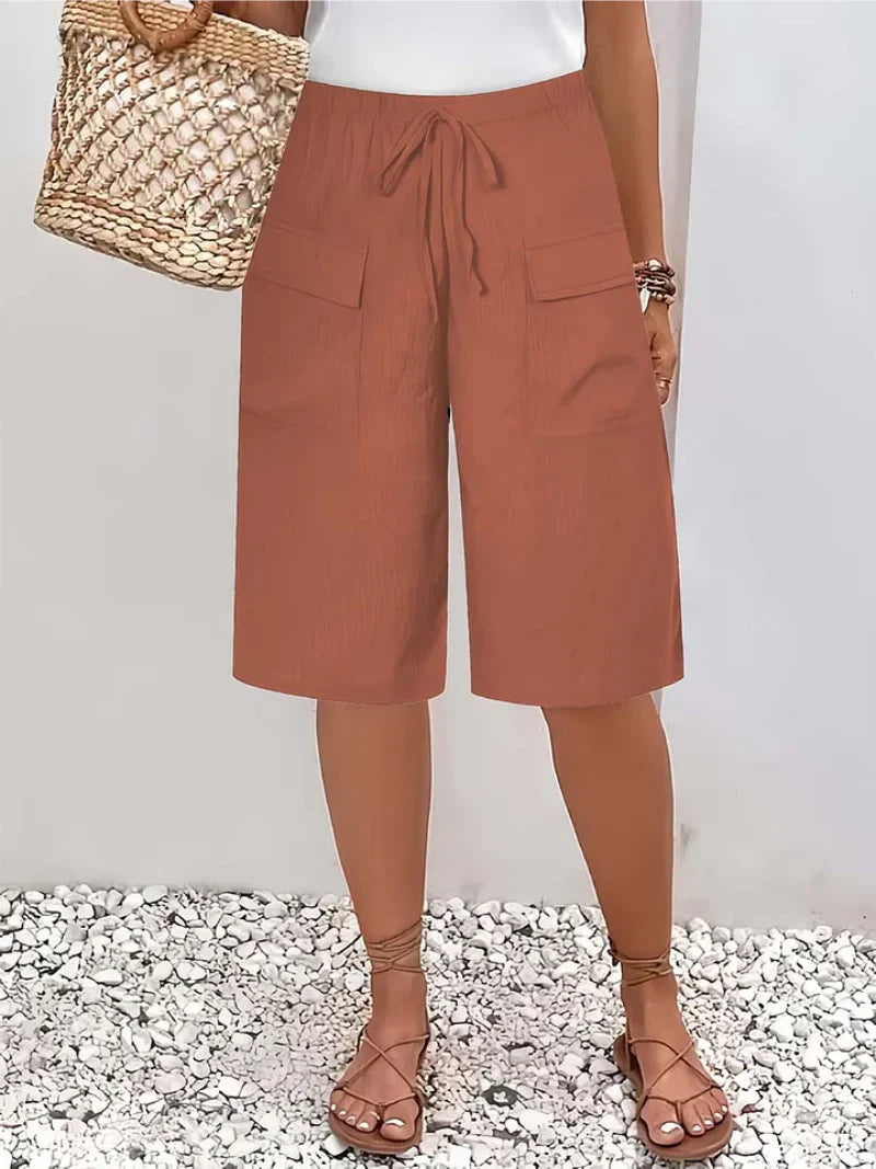Womens Wide Leg Culottes with Cargo Pockets and Drawstring Waist