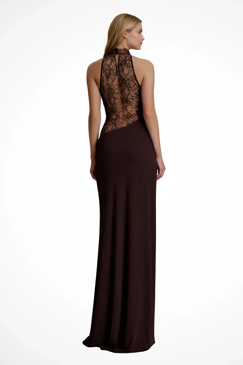 Womens Maxi Dress Lace Detail Halter Neck Sheer Panels