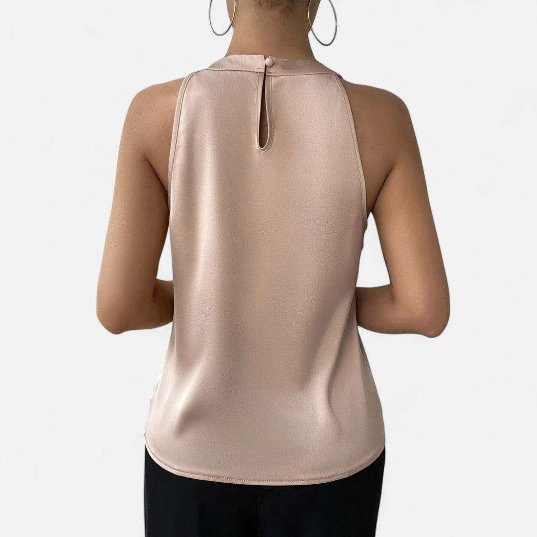 Womens Satin Sleeveless Top Halter Neck Pleated Draped