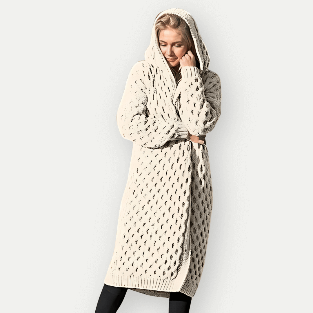 Womens Longline Hooded Cardigan Cable Knit Relaxed Fit