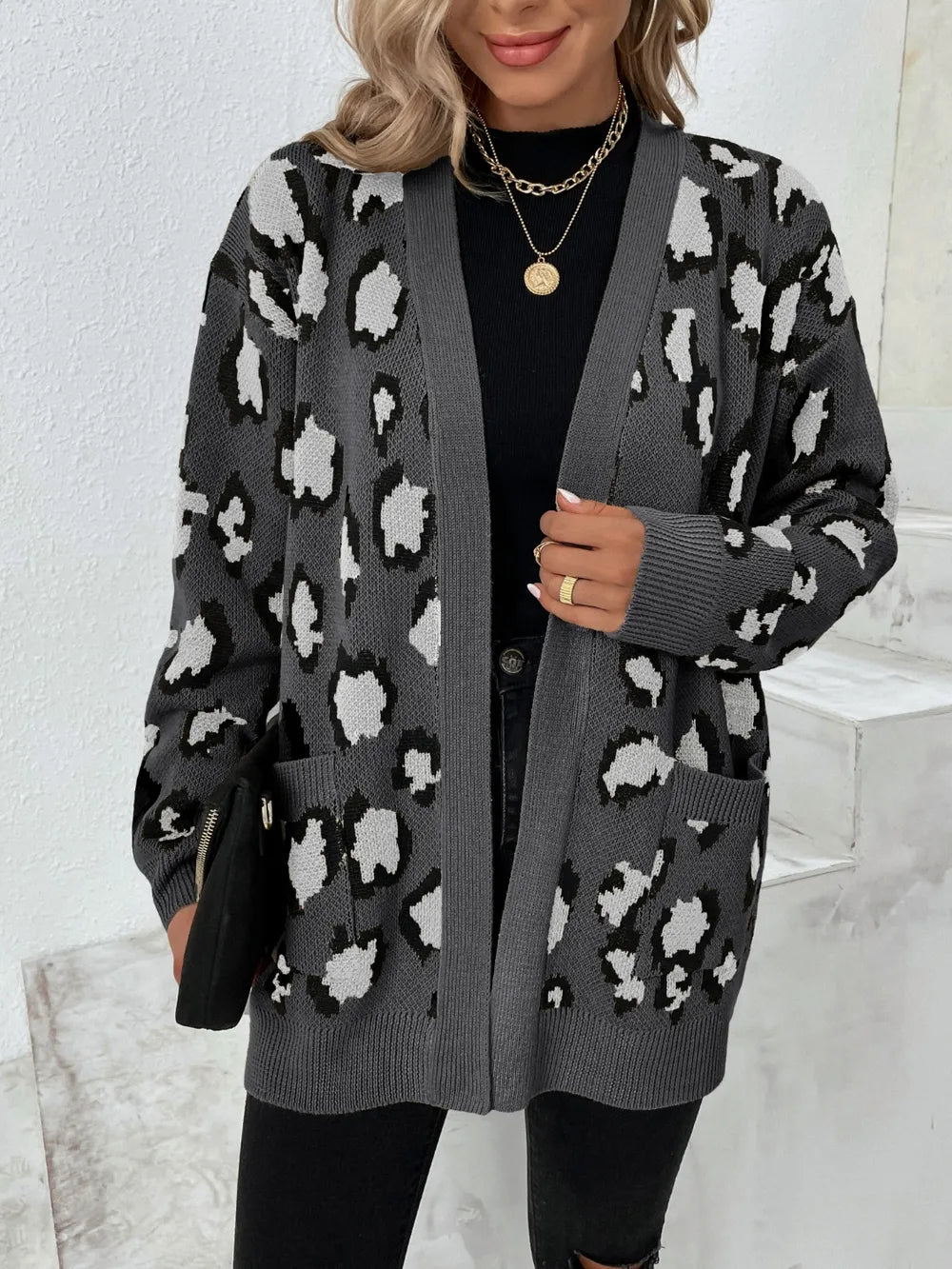 Womens Open Front Sweater Animal Print Relaxed Fit