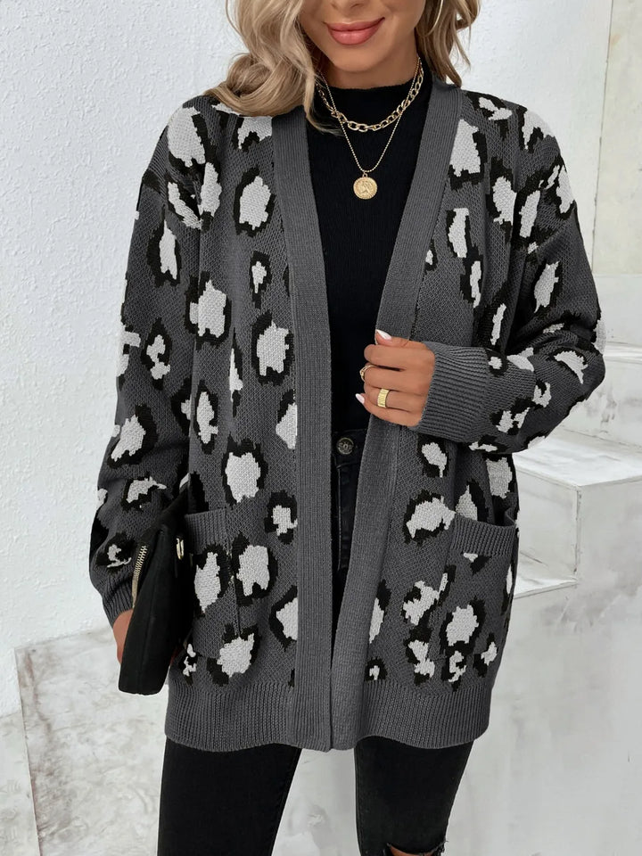 Womens Open Front Sweater Animal Print Relaxed Fit