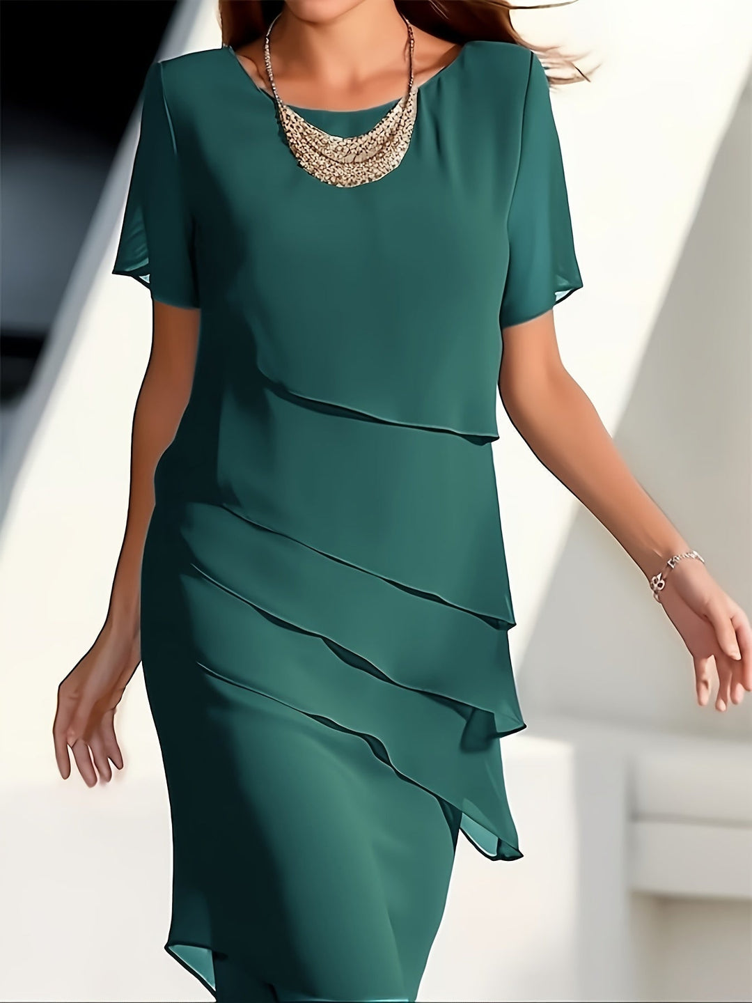 Womens Short Sleeve Dress with Ruffle Trim Classic Style