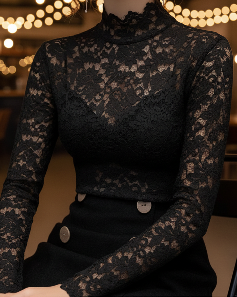 Womens Lace Blouse with Floral Pattern Mock Neck Long Sleeve - BritishMode