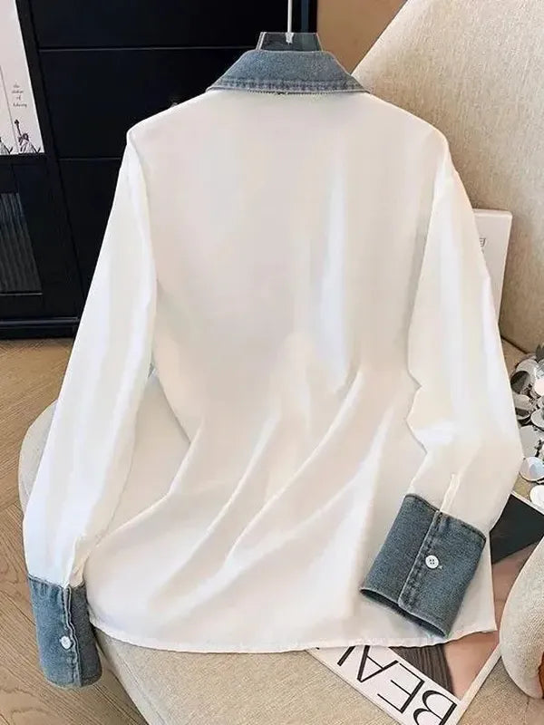 Womens Denim Shirt Long Sleeve Collared Button Down