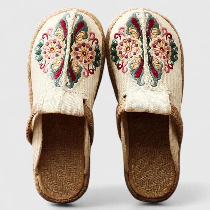 Womens Slip-On Slippers with Floral Embroidery - BritishMode