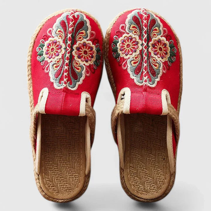 Womens Slip-On Slippers with Floral Embroidery